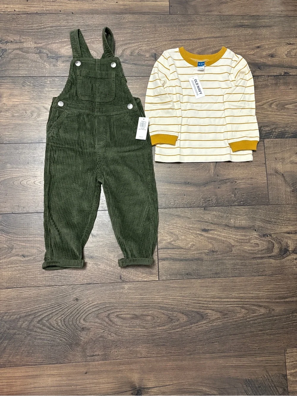 🌴 Old Navy Boys Corduroy Overalls & Striped Shirt Set 12-18M NWT